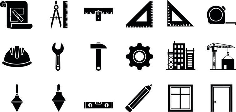 Black construction and architecture including blueprint hard hat wrench hammer gear buildings crane plumb bob