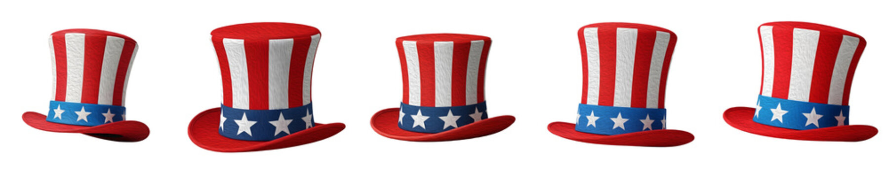 Uncle Sam Patriotic Top Hats with Stars and Stripes Isolated on White Background - Classic American Pride Headwear for 4th of July, Independence Day, and USA Holiday Celebrations