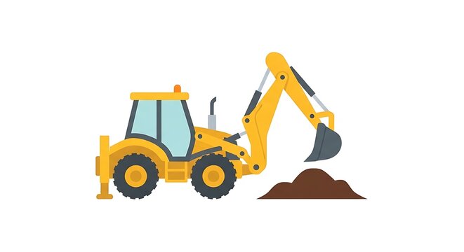Backhoe with digging arm and bucket in pile of earth flat vector isolated on white background