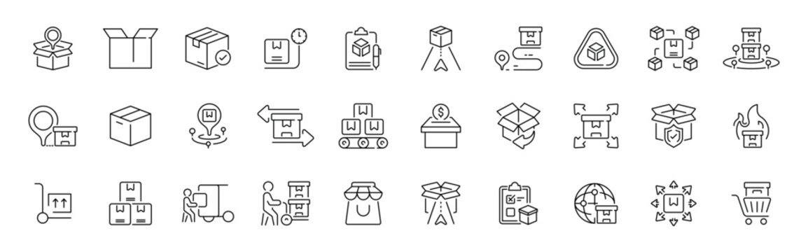 Package shipping linear icon set. editable stroke with thin line style for delivery and logistics concepts