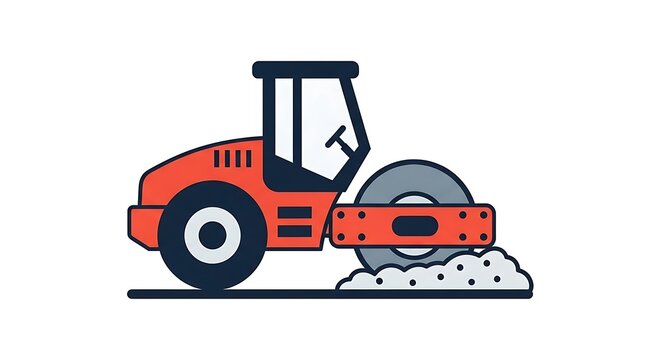 Orange road roller compacting soil, heavy machinery for road construction and surface preparation work