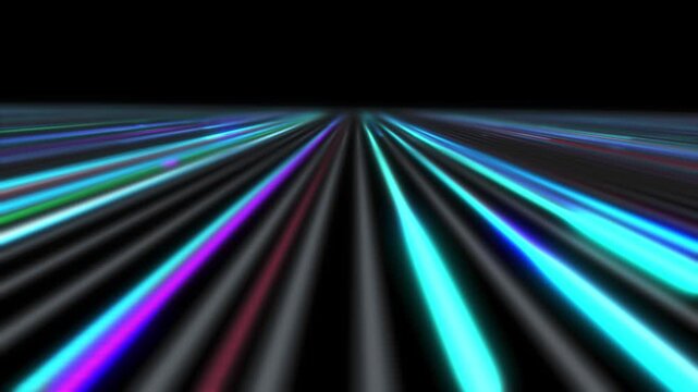 Vibrant light trails rush forward on dark surface