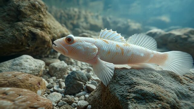 Close-up of a small fish swimming underwater among rocks in a freshwater environment.