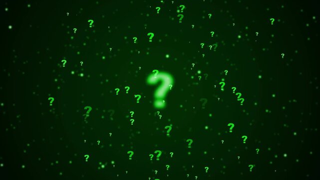 A multitude of glowing green question marks of varying sizes and focus float against a dark, subtly textured background, creating a mysterious and inquisitive visual atmosphere