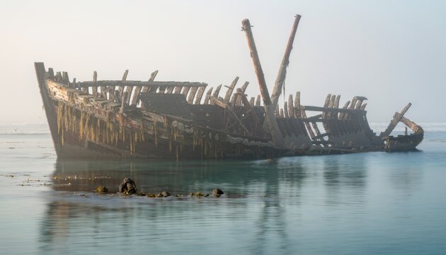 A weathered shipwreck rests partially submerged in calm waters, its decaying wooden hull a testament to maritime history and forgotten voyages.