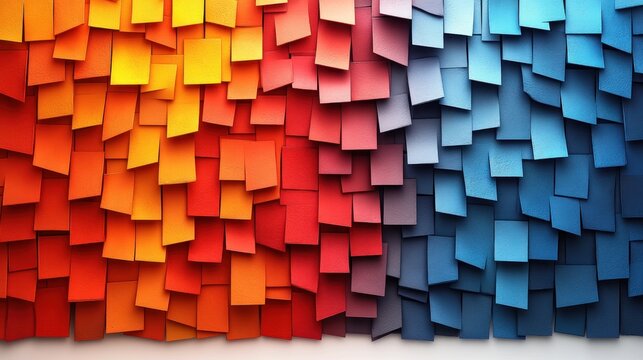Orange and blue sticky notes cover the wall highlighting creativity and color