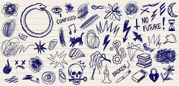 Hand Drawn Dark Grunge Doodles on Lined Paper, Emo Punk Aesthetic Scribbles with Skull, Snake, and Abstract Ink Elements