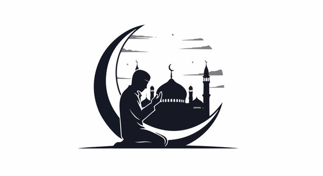 Silhouette of a person praying before a mosque framed by a crescent moon