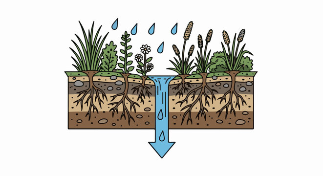 Cutaway view shows plant roots absorbing water and soil layers