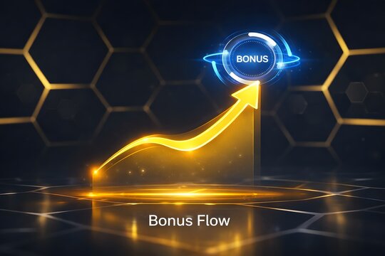Financial Growth and Incentive Program: Glowing Arrow Graph Showing Upward Trend Leading to a Circular "Bonus" Icon for Reward or Loyalty Flow