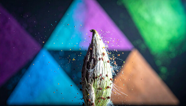 Close up of a green plant bud with colorful powder particles exploding around it abstract