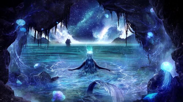 The ice queen of the mermaids swims in a cave by the pier, freezing the water around. She is a sorceress who looks into the distance at the starry sky and the ship. clean looped 2d animated art 