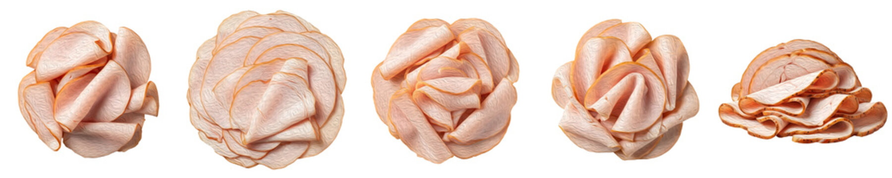 Thinly Sliced Deli Smoked Turkey Breast Rosettes Isolated on White Background - Fresh Cold Cuts Ham Slices For Meat Platters, Sandwiches, Charcuterie, and Catering Design