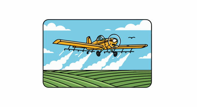 Yellow crop duster spraying white mist over green striped fields under blue sky with clouds