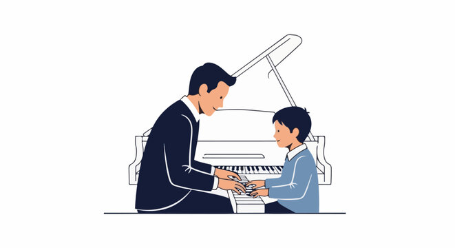 Adult and child practice piano together, learning musical notes on a grand piano