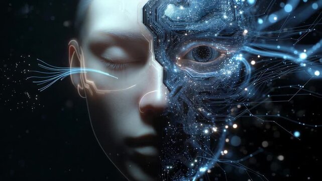 A human face merging with cybernetic circuits in futuristic style on dark background, concept of tech integration
