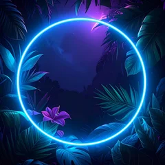 A neon-lit circle surrounded by lush tropical leaves and flowers © Roblok