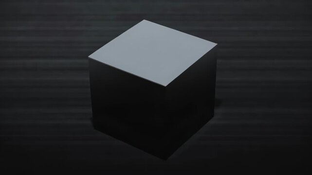 A dark geometric cube in minimal style on a striped dark background, concept of abstraction and modern simplicity