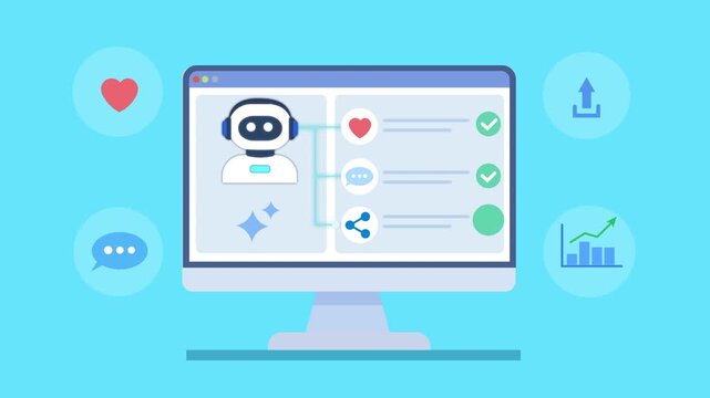 Flat vector animation of a healthcare dashboard with robot assistant, heart symbol, chat, upload, and analytics icons, representing digital health monitoring and smart medical systems.