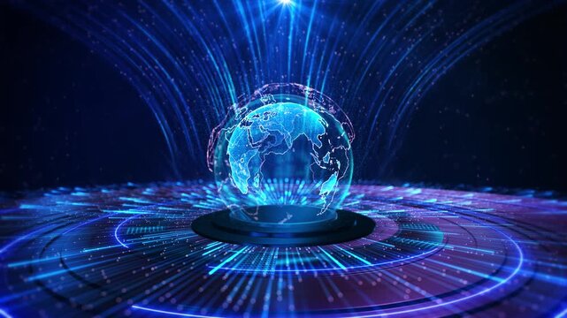 Holographic Earth Global Network Digital Technology Futuristic holographic earth glowing data streams digital rings. global network, communication, data visualization, advanced technology concepts.