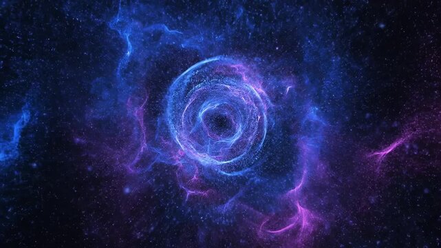 A swirling, cosmic vortex of blues and purples. A central glow emanates, surrounded by ethereal, flowing nebulas. Speckles of light dot the backdrop