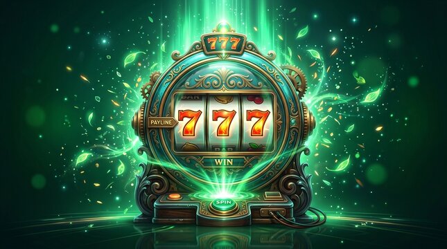 Experience the thrill of ultimate success with a sparkling emerald green slot machine displaying a triumphant triple sevens jackpot, surrounded by magical glowing effects and ethereal leaves.