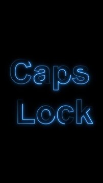 Blue neon glowing text caps lock on animated black background. Caps lock lettering with blue neon glow. Animated black background featuring blue neon glowing text caps lock for keyboards.