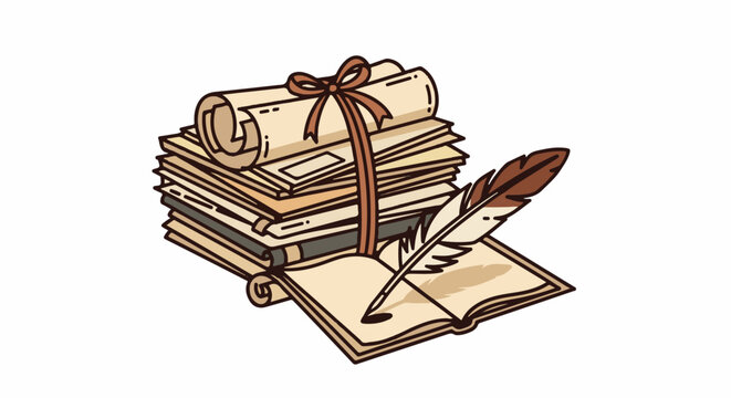 Stack of old scrolls tied with ribbon, open book with feather quill