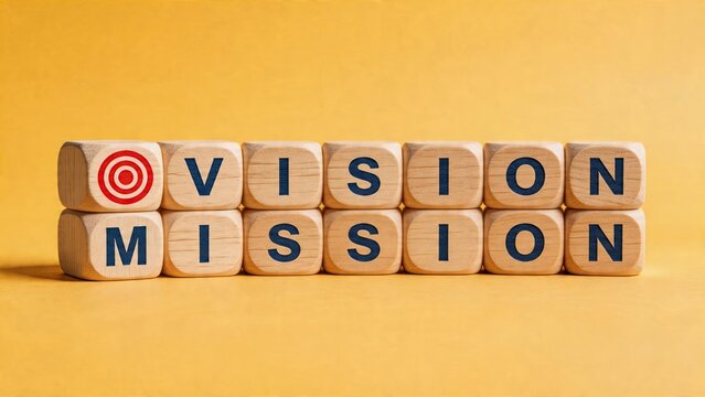 Business wooden cubes Vision and Mission statement concept Goal setting Strategy planning Corporate objectives Management philosophy Red target icon symbolizing aim Success