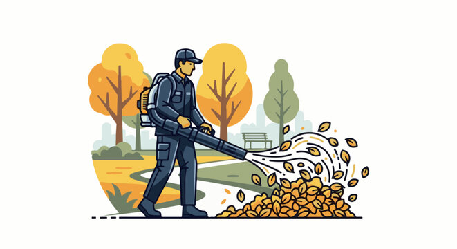 Person using a leaf blower to clear fallen autumn leaves in a park