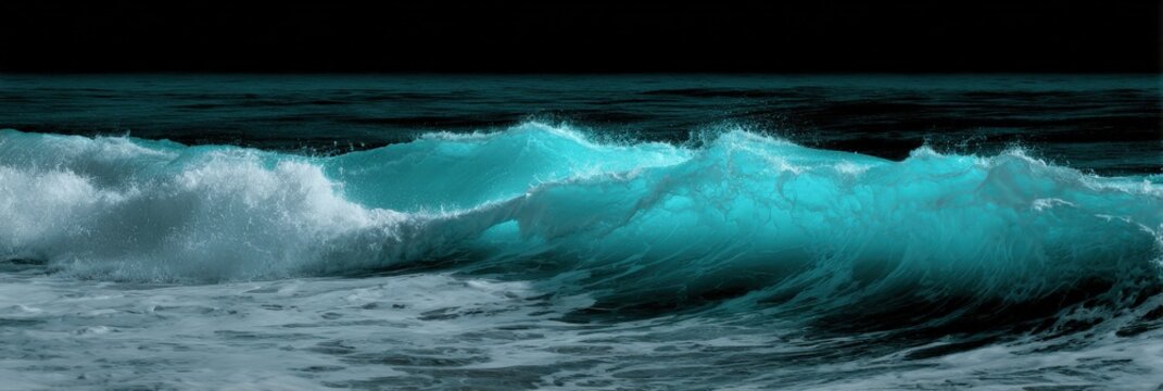 Turquoise ocean waves at night with luminous cresting surf and dark horizon dramatic seascape rolling breakers and foamy shoreline under moody sky