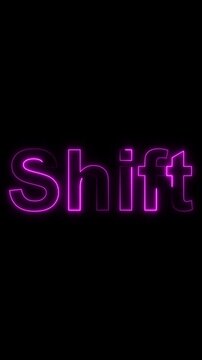 Pink neon glowing text shift on animated black background. Shift lettering with pink neon glow. Animated black background featuring pink neon glowing text shift for computer keyboards.