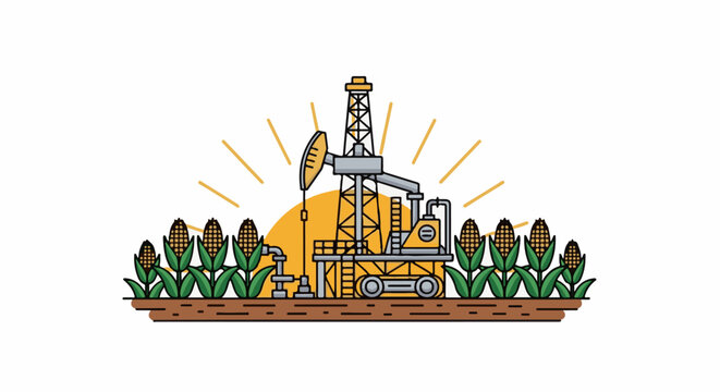 Oil rig drilling in a cornfield under a bright sun