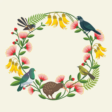 Native New Zealand Birds and Flora Wreath