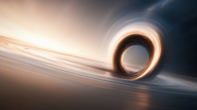 宇宙空間に浮かぶ巨大なブラックホールと光り輝く円盤。圧倒的な重力とエネルギーを感じさせる天体現象。深淵な宇宙の背景
