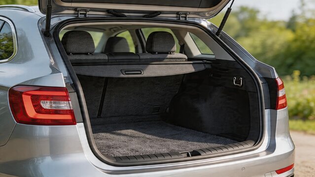 Empty open trunk of modern silver station wagon car spacious luggage boot for travel road trip practical storage compartment family transportation vehicle design exterior side