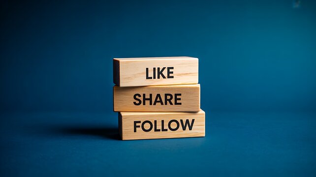 Social media engagement blocks with like share follow text on blue background
