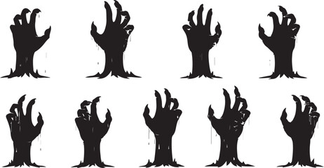 Obraz premium Collection of scary zombie hand silhouettes reaching out from the ground for spooky themed graphic elements