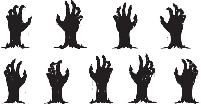 Collection of scary zombie hand silhouettes reaching out from the ground for spooky themed graphic elements