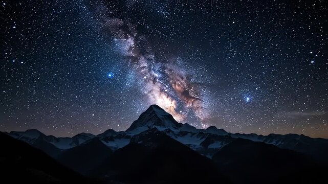 A majestic nightscape showcases the cosmos. The Milky Way streams over snow-capped peaks in the foreground, illuminated by countless stars. A stunning view