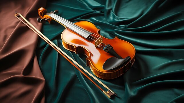 Violin with bow on elegant fabric background representing classical music instrument and artistic performance concept
