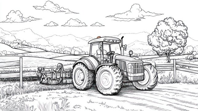Black and white farm tractor working field, countryside landscape background, agricultural illustration, possible use in educational material