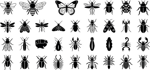 Collection of black insect including bees butterflies beetles scorpions and mantis © GR Graphics