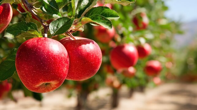 Fresh red apples growing on trees in orchard under sunny conditions