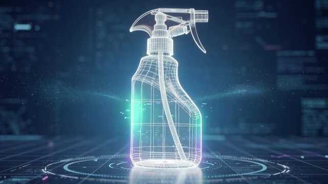 Digital hologram of spray bottle with futuristic cleaning and disinfecting technology concept