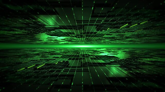 Abstract Green Data Tunnel Technology Grid Digital Background, Futuristic grid lines data high speed processing cyber technology, data flow tech backgrounds, virtual environments futuristic innovation