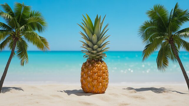 Pineapple on tropical beach with palm trees and clear blue ocean water in summer travel vacation concept