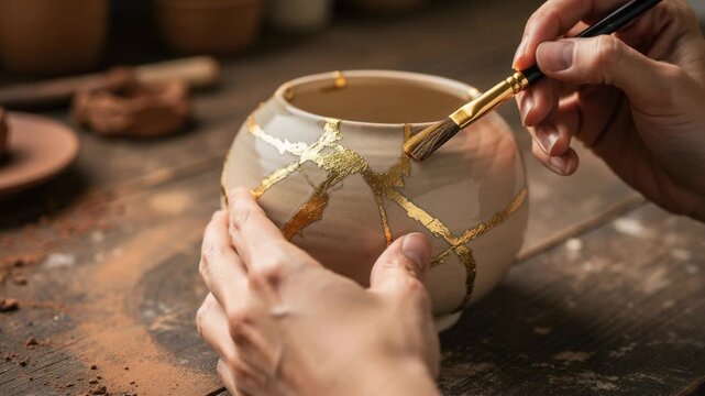 Close up of hands restoring a ceramic bowl with gold lacquer in traditional Japanese kintsugi repair art