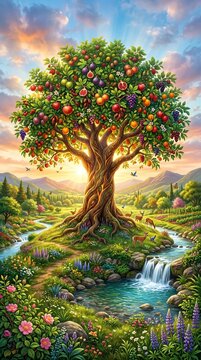 Vibrant enchanted fruit tree with braided trunk heavy with multicolored apples, pears, grapes and figs standing on a grassy islet amid a sparkling stream and waterfall at sunrise