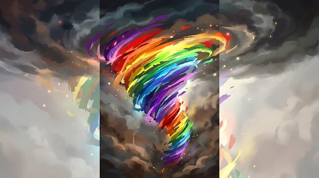Vibrant rainbow tornado a spectacular atmospheric phenomenon displaying intense colors and dynamic swirling motion
